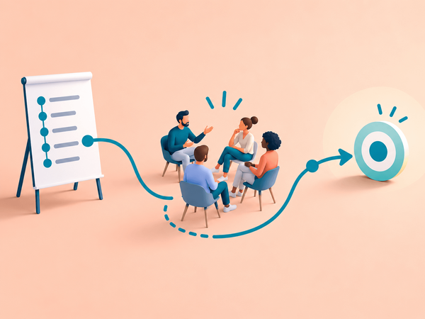 Illustration einer Trainingsgruppe im Austausch zwischen Flipchart und Ziel – Symbol für flexible Trainingssteuerung
