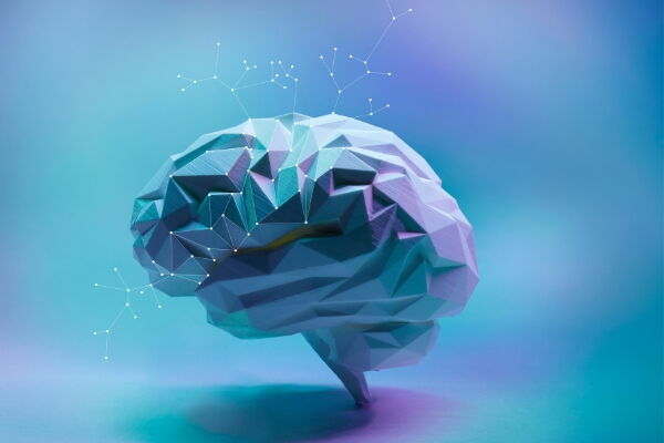 Abstraktes 3D-Modell eines Gehirns mit digitalen Netzwerken – Symbol für KI in der Diagnostik